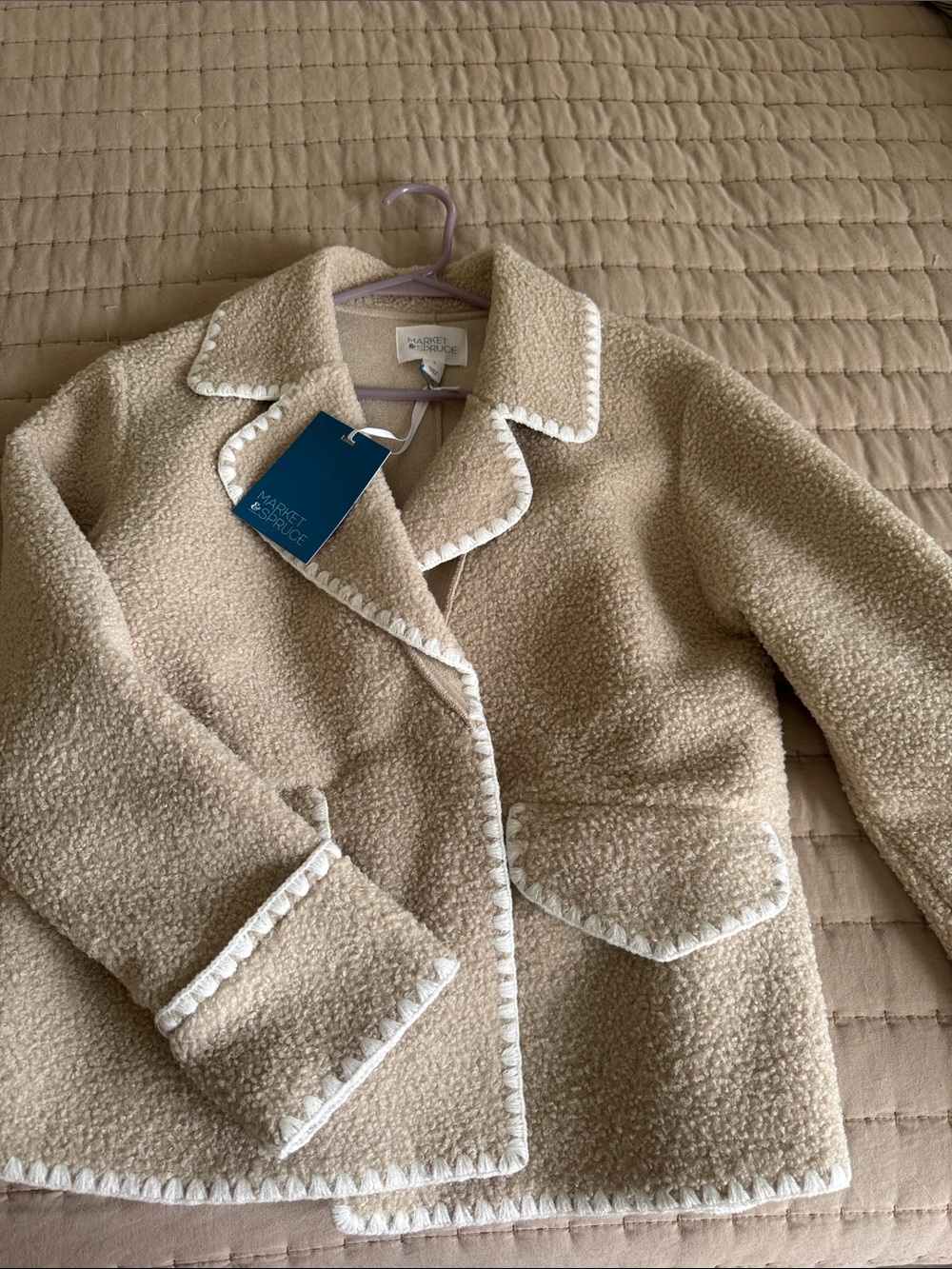 Market & Spruce Beige Teddy Peacoat with Whipstitch Trim